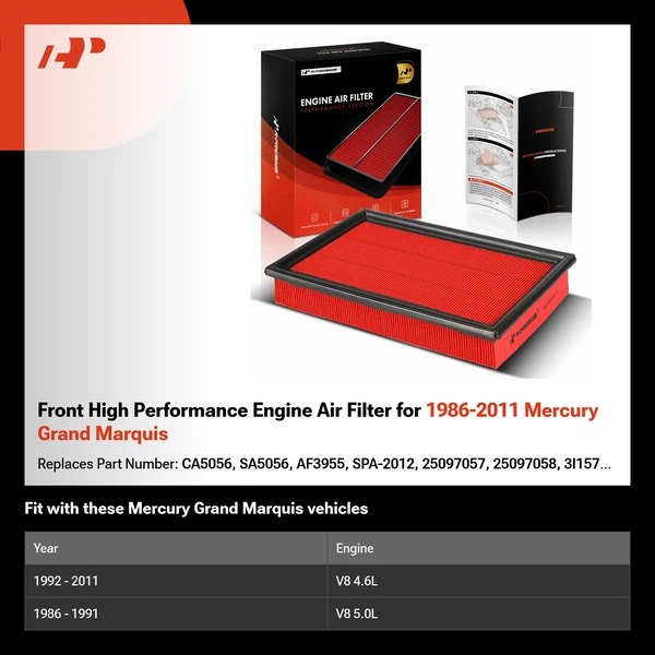 Front High Performance Engine Air Filter for 1986-2011 Mercury Grand Marquis