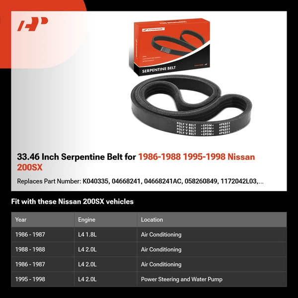 33.46 Inch Serpentine Belt for 1986-1988 1995-1998 Nissan 200SX