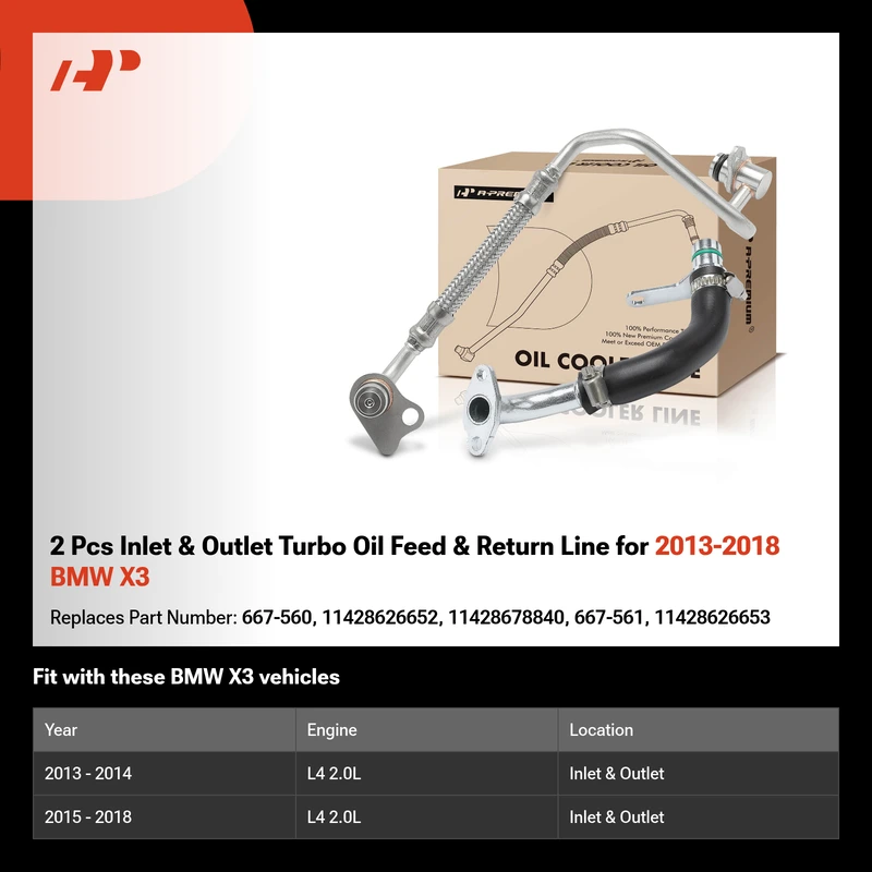 2 Pcs Inlet & Outlet Turbo Oil Feed & Return Line for 2013-2018 BMW X3