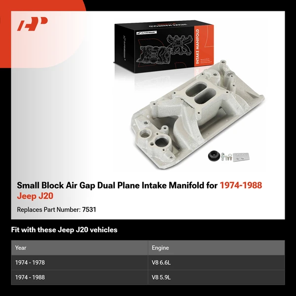 Small Block Air Gap Dual Plane Intake Manifold for 1974-1988 Jeep J20