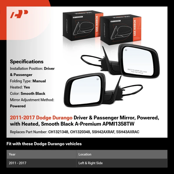 2011-2017 Dodge Durango Driver & Passenger Mirror, Powered, with Heated, Smooth Black A-Premium APMI1358TW
