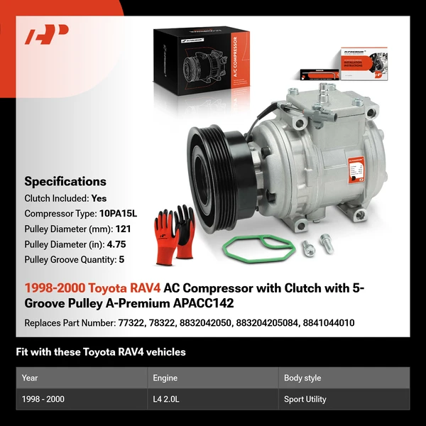1998-2000 Toyota RAV4 AC Compressor with Clutch with 5-Groove Pulley A-Premium APACC142