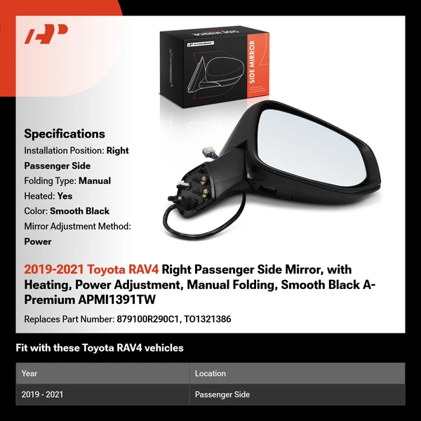 2019-2021 Toyota RAV4 Right Passenger Side Mirror, with Heating, Power Adjustment, Manual Folding, Smooth Black A-Premium APMI1391TW