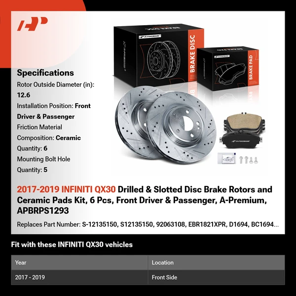 2017-2019 INFINITI QX30 Drilled & Slotted Disc Brake Rotors and Ceramic Pads Kit, 6 Pcs, Front Driver & Passenger, A-Premium, APBRPS1293