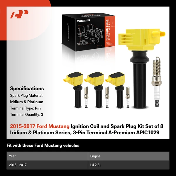 2015-2017 Ford Mustang Ignition Coil and Spark Plug Kit Set of 8 Iridium & Platinum Series, 3-Pin Terminal A-Premium APIC1029