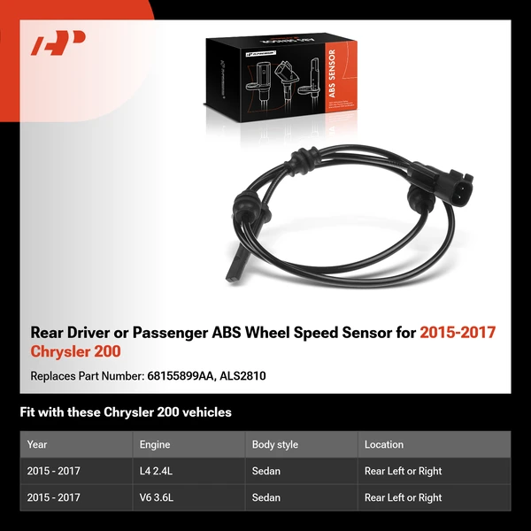 Rear Driver or Passenger ABS Wheel Speed Sensor for 2015-2017 Chrysler 200