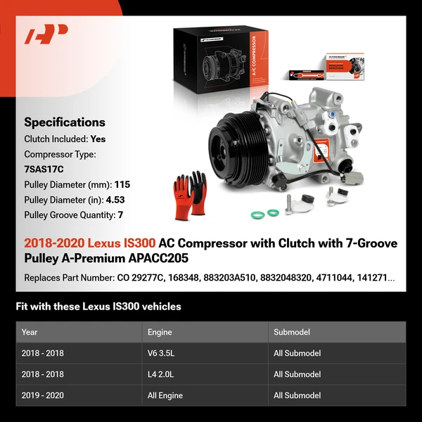 2018-2020 Lexus IS300 AC Compressor with Clutch with 7-Groove Pulley A-Premium APACC205