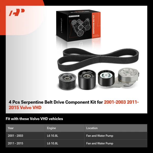 4 Pcs Serpentine Belt Drive Component Kit for 2001-2003 2011-2015 Volvo VHD