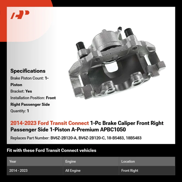 2014-2023 Ford Transit Connect 1-Pc Brake Caliper Front Right Passenger Side 1-Piston A-Premium APBC1050