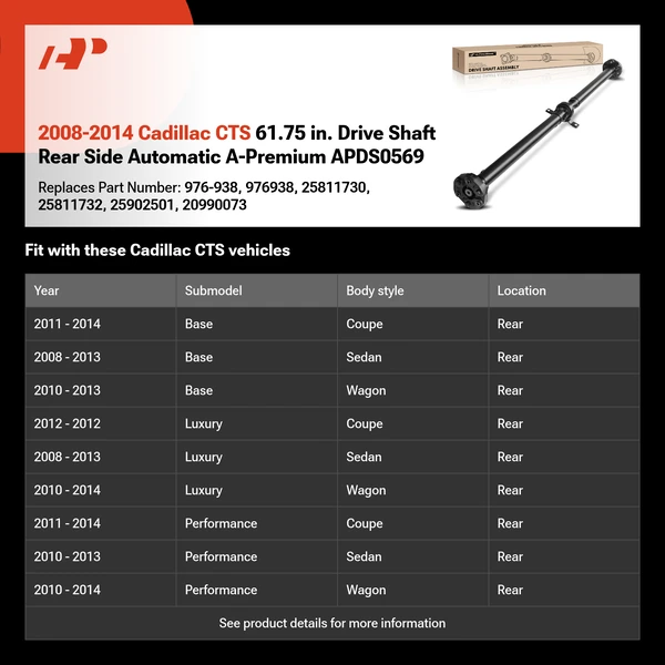 2008-2014 Cadillac CTS 61.75 in. Drive Shaft Rear Side Automatic A-Premium APDS0569