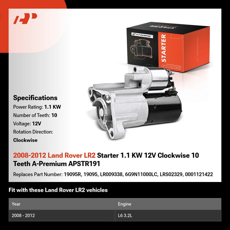 2008-2012 Land Rover LR2 Starter 1.1 KW 12V Clockwise 10 Teeth A-Premium APSTR191