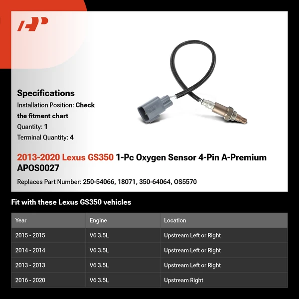 2013-2020 Lexus GS350 1-Pc Oxygen Sensor 4-Pin A-Premium APOS0027