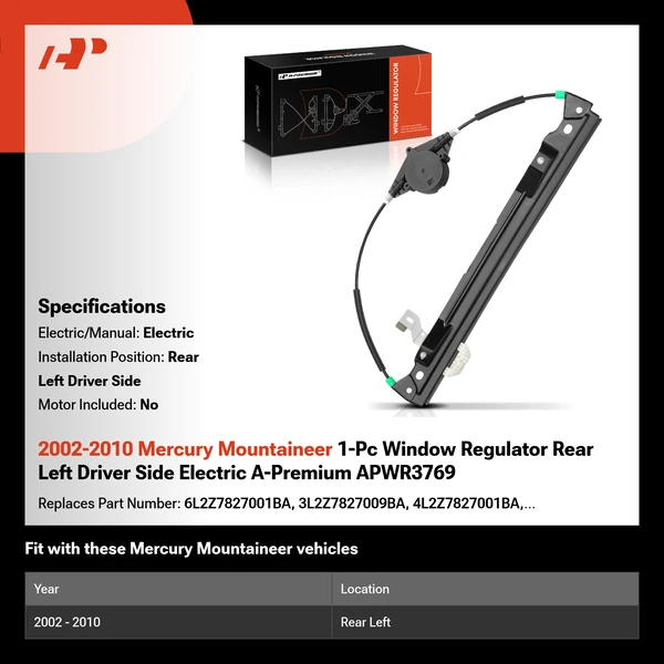 2002-2010 Mercury Mountaineer 1-Pc Window Regulator Rear Left Driver Side Electric A-Premium APWR3769