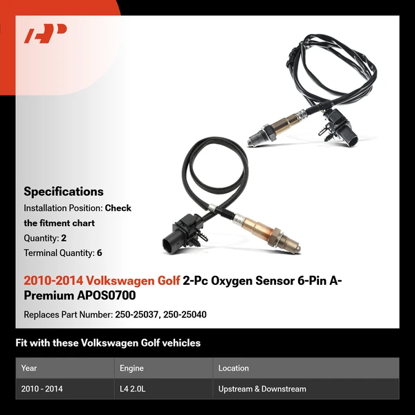 2010-2014 Volkswagen Golf 2-Pc Oxygen Sensor 6-Pin A-Premium APOS0700
