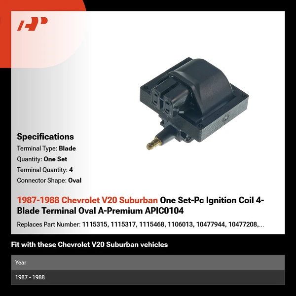 1987-1988 Chevrolet V20 Suburban One Set-Pc Ignition Coil 4-Blade Terminal Oval A-Premium APIC0104
