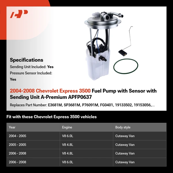 2004-2008 Chevrolet Express 3500 Fuel Pump with Sensor with Sending Unit A-Premium APFP0637