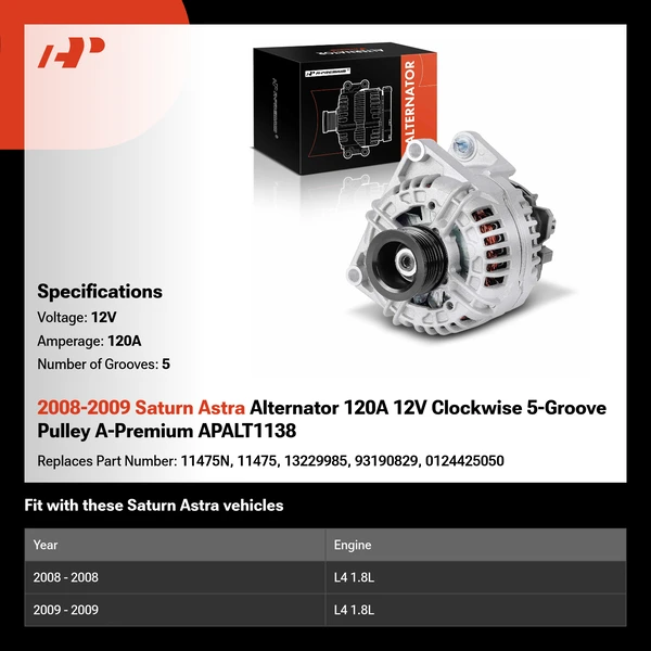 2008-2009 Saturn Astra Alternator 120A 12V Clockwise 5-Groove Pulley A-Premium APALT1138