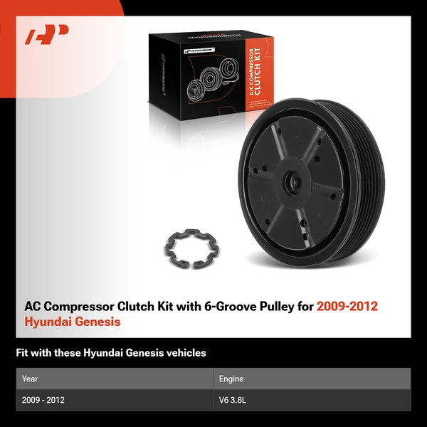 AC Compressor Clutch Kit with 6-Groove Pulley for 2009-2012 Hyundai Genesis