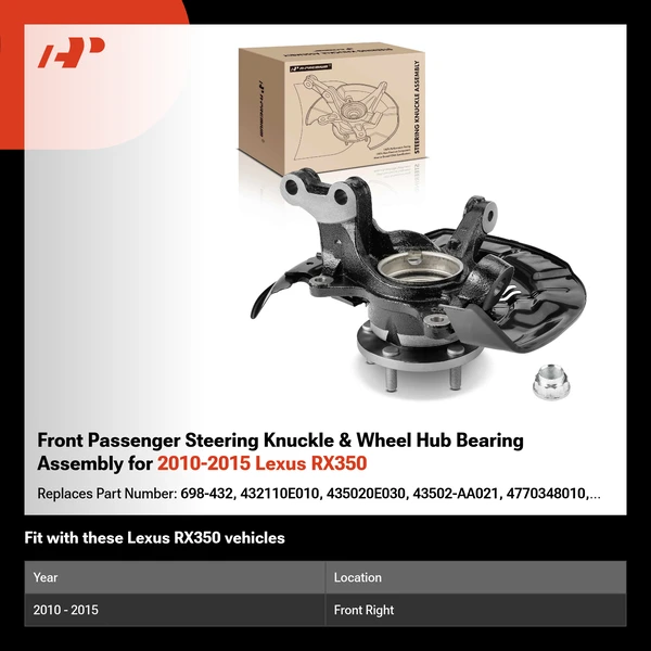 Front Passenger Steering Knuckle & Wheel Hub Bearing Assembly for 2010-2015 Lexus RX350