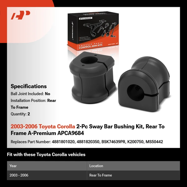 2003-2006 Toyota Corolla 2-Pc Sway Bar Bushing Kit, Rear To Frame A-Premium APCA9684
