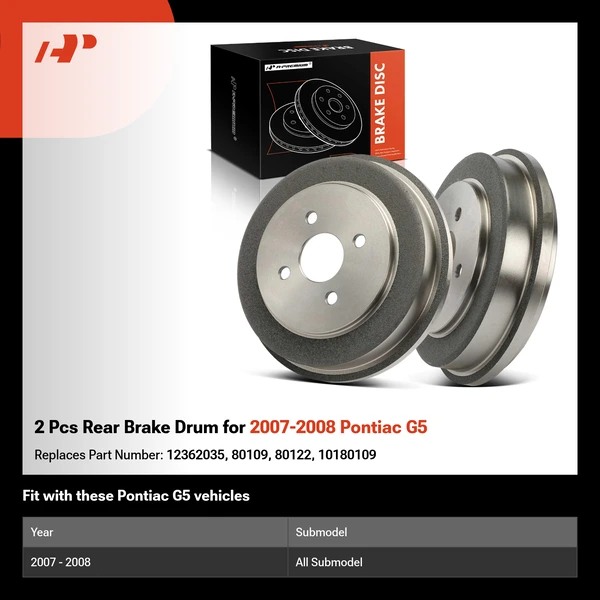 2 Pcs Rear Brake Drum for 2007-2008 Pontiac G5