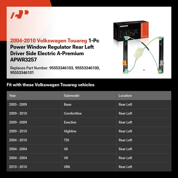 2004-2010 Volkswagen Touareg 1-Pc Power Window Regulator Rear Left Driver Side Electric A-Premium APWR3257