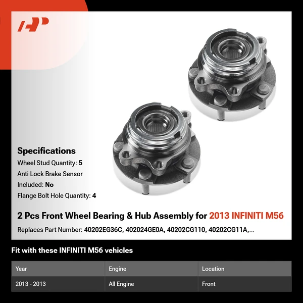 2 Pcs Front Wheel Bearing & Hub Assembly for 2013 INFINITI M56