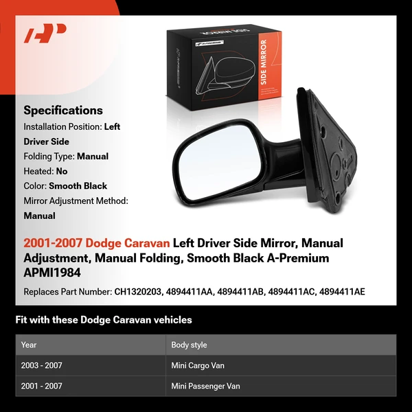 2001-2007 Dodge Caravan Left Driver Side Mirror, Manual Adjustment, Manual Folding, Smooth Black A-Premium APMI1984
