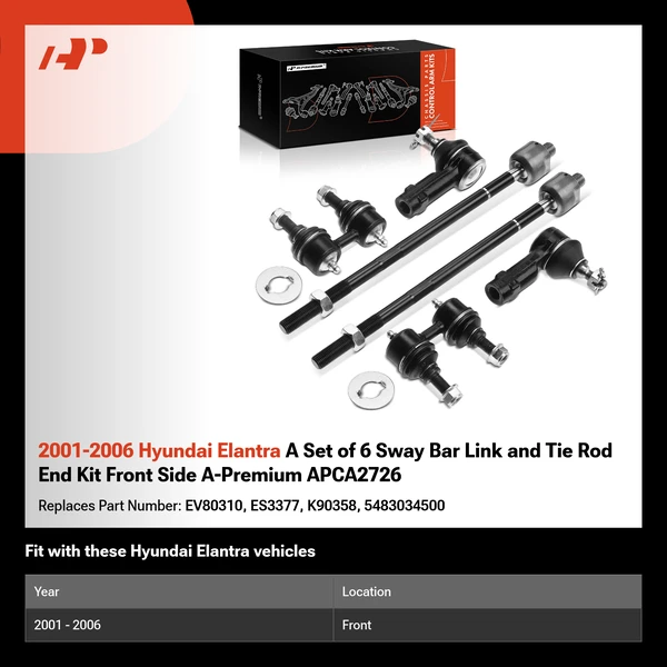 2001-2006 Hyundai Elantra A Set of 6 Sway Bar Link and Tie Rod End Kit Front Side A-Premium APCA2726