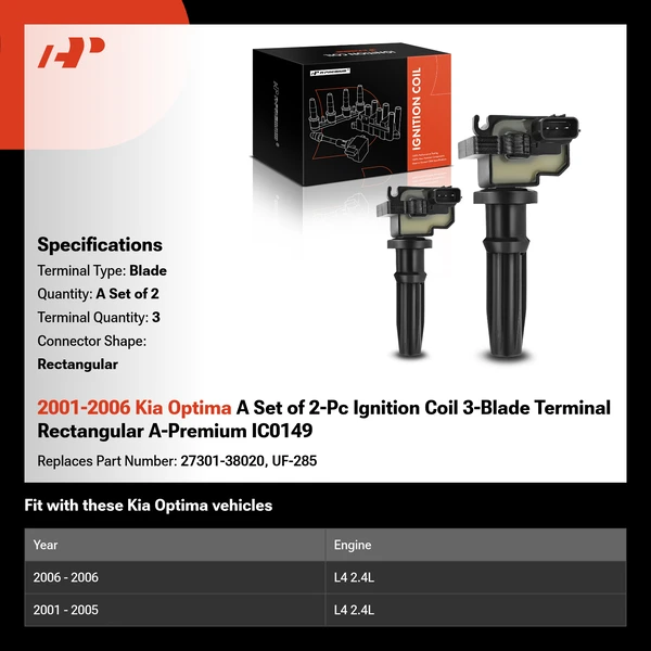2001-2006 Kia Optima A Set of 2-Pc Ignition Coil 3-Blade Terminal Rectangular A-Premium IC0149