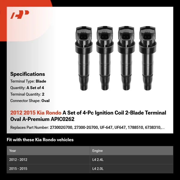 2012 2015 Kia Rondo A Set of 4-Pc Ignition Coil 2-Blade Terminal Oval A-Premium APIC0262