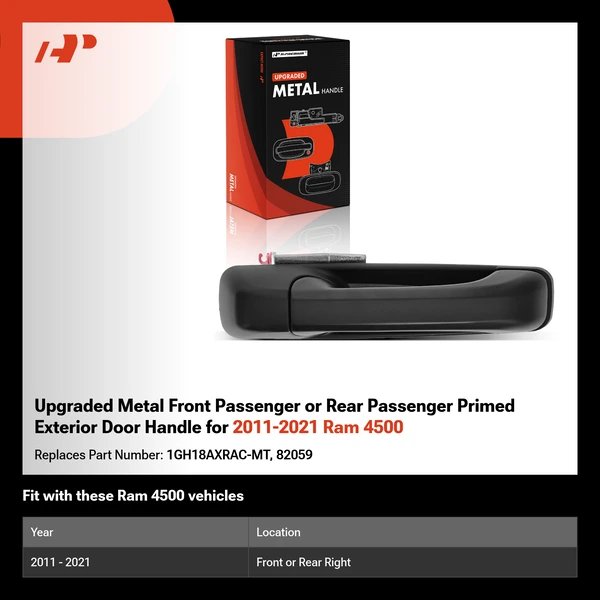 Upgraded Metal Front Passenger or Rear Passenger Primed Exterior Door Handle for 2011-2021 Ram 4500