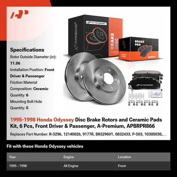 1995-1998 Honda Odyssey Disc Brake Rotors and Ceramic Pads Kit, 6 Pcs, Front Driver & Passenger, A-Premium, APBRPR866