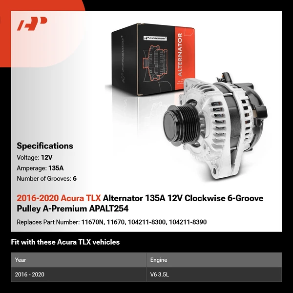 2016-2020 Acura TLX Alternator 135A 12V Clockwise 6-Groove Pulley A-Premium APALT254