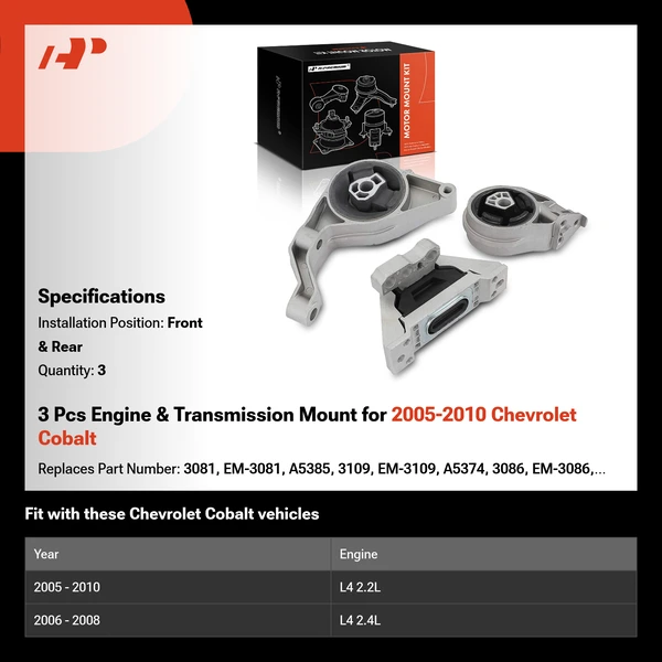 3 Pcs Engine & Transmission Mount for 2005-2010 Chevrolet Cobalt