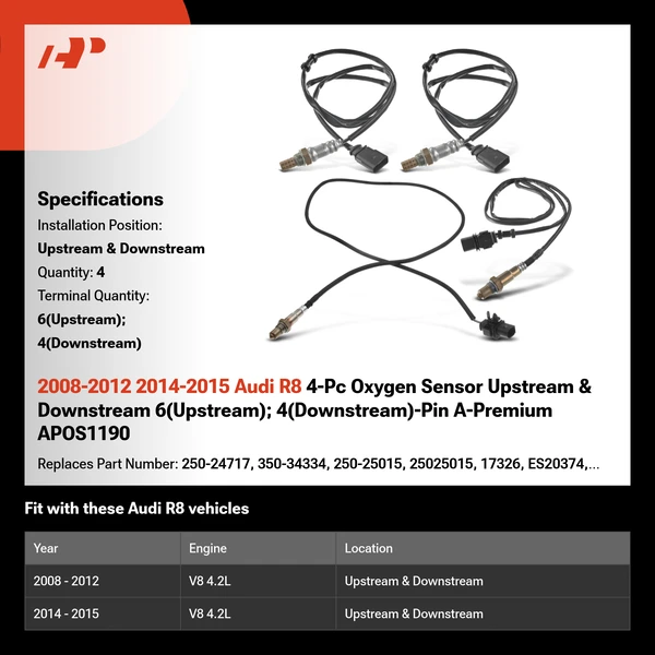 2008-2012 2014-2015 Audi R8 4-Pc Oxygen Sensor Upstream & Downstream 6(Upstream); 4(Downstream)-Pin A-Premium APOS1190