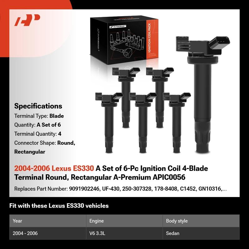 2004-2006 Lexus ES330 A Set of 6-Pc Ignition Coil 4-Blade Terminal Round, Rectangular A-Premium APIC0056