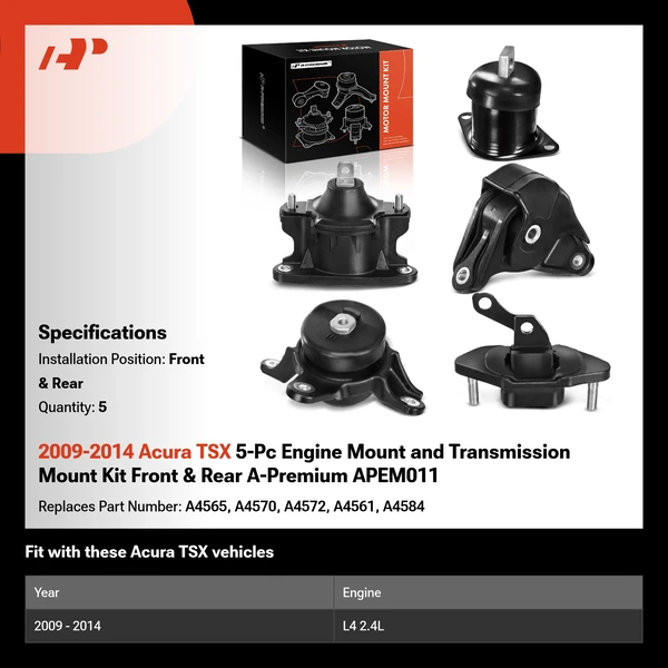 2009-2014 Acura TSX 5-Pc Engine Mount and Transmission Mount Kit Front & Rear A-Premium APEM011