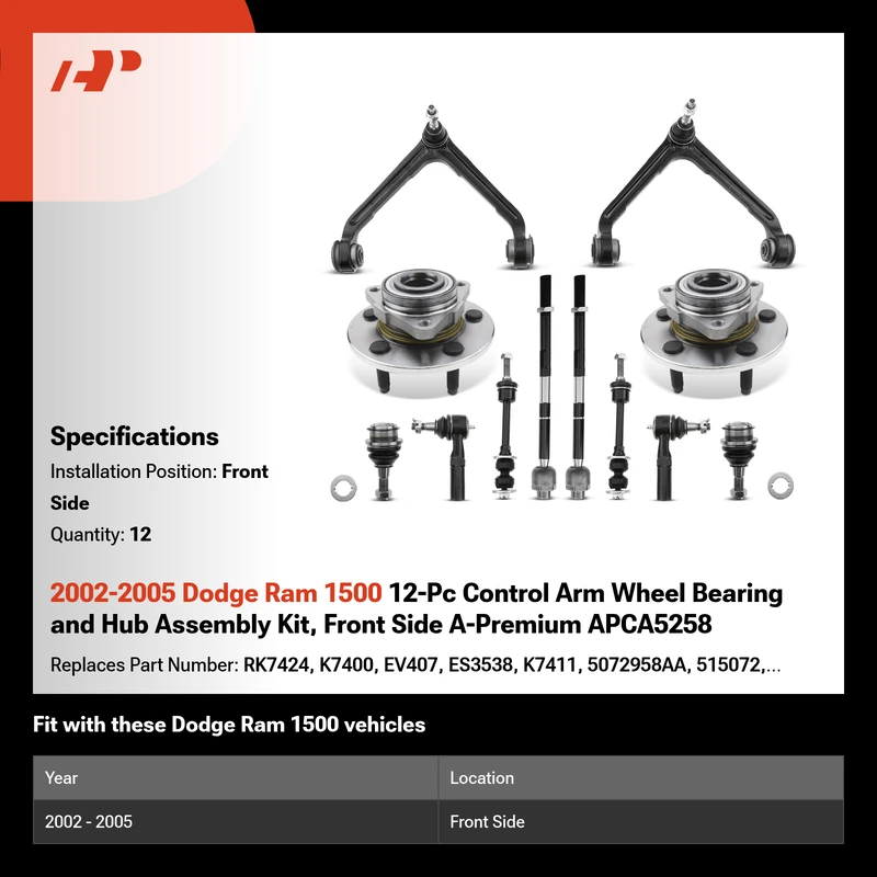 2002-2005 Dodge Ram 1500 12-Pc Control Arm Wheel Bearing and Hub Assembly Kit, Front Side A-Premium APCA5258