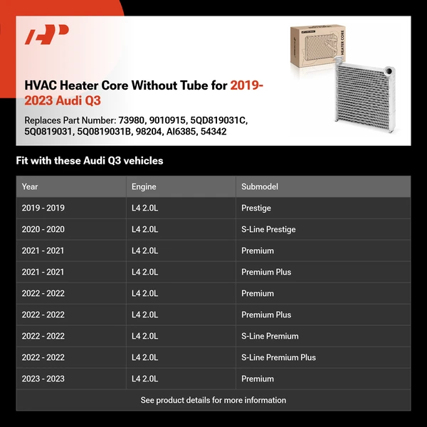 HVAC Heater Core Without Tube for 2019-2023 Audi Q3