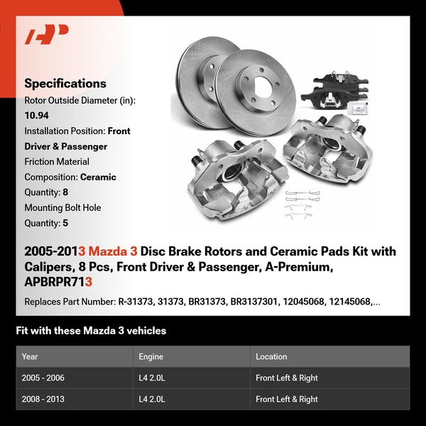2005-2013 Mazda 3 Disc Brake Rotors and Ceramic Pads Kit with Calipers, 8 Pcs, Front Driver & Passenger, A-Premium, APBRPR713