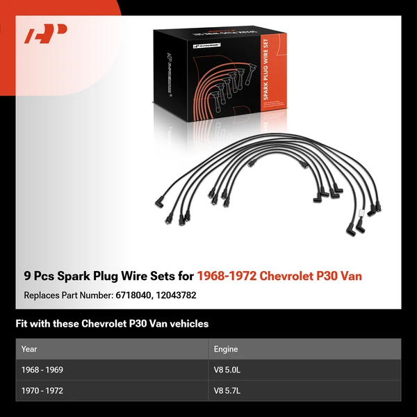 9 Pcs Spark Plug Wire Sets for 1968-1972 Chevrolet P30 Van