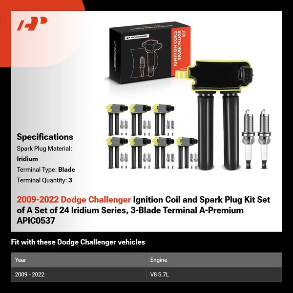 2009-2022 Dodge Challenger Ignition Coil and Spark Plug Kit Set of A Set of 24 Iridium Series, 3-Blade Terminal A-Premium APIC0537
