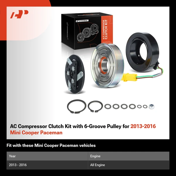 AC Compressor Clutch Kit with 6-Groove Pulley for 2013-2016 Mini Cooper Paceman