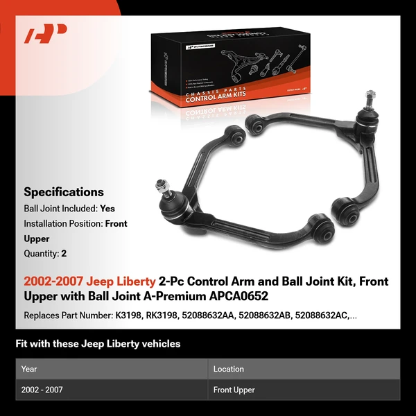 2002-2007 Jeep Liberty 2-Pc Control Arm and Ball Joint Kit, Front Upper with Ball Joint A-Premium APCA0652
