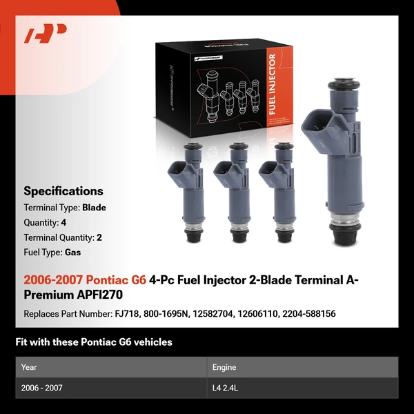 2006-2007 Pontiac G6 4-Pc Fuel Injector 2-Blade Terminal A-Premium APFI270