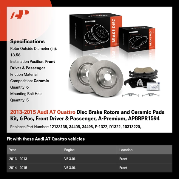 2013-2015 Audi A7 Quattro Disc Brake Rotors and Ceramic Pads Kit, 6 Pcs, Front Driver & Passenger, A-Premium, APBRPR1594