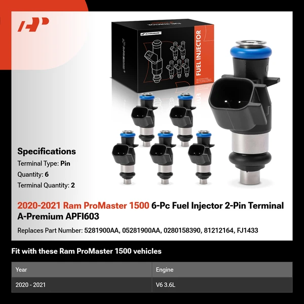 2020-2021 Ram ProMaster 1500 6-Pc Fuel Injector 2-Pin Terminal A-Premium APFI603