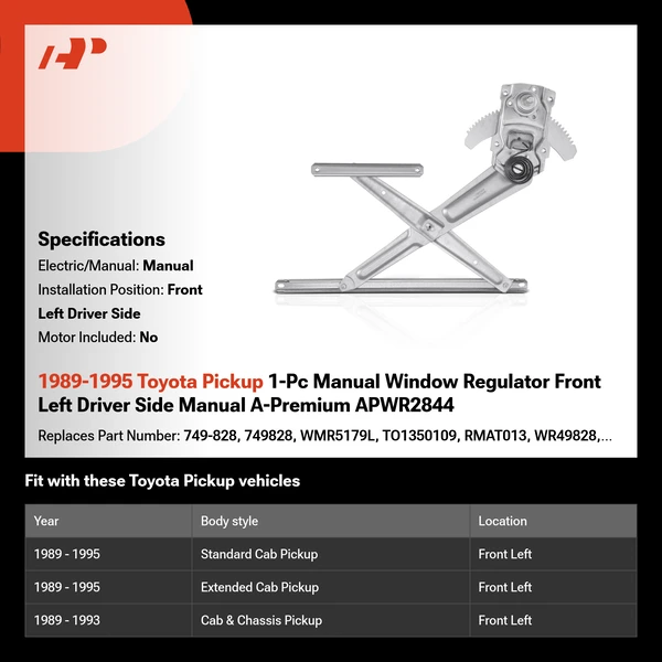1989-1995 Toyota Pickup 1-Pc Manual Window Regulator Front Left Driver Side Manual A-Premium APWR2844