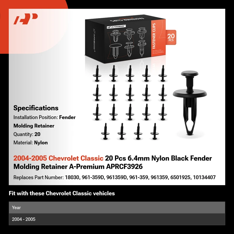 2004-2005 Chevrolet Classic 20 Pcs 6.4mm Nylon Black Fender Molding Retainer A-Premium APRCF3926